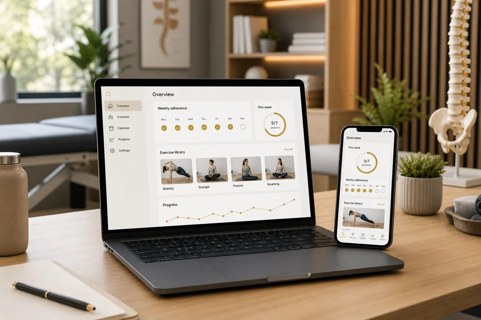 Bilgisayar ve telefonda kişisel egzersiz planı ile dijital takip ekranı